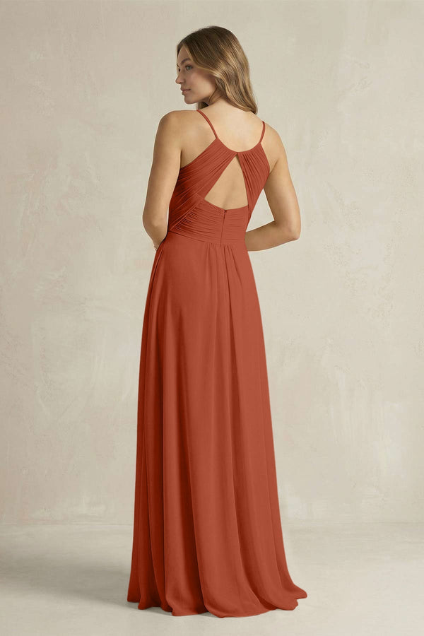 Cami Strap A - Line Chiffon Pleated Bridesmaid Dress in Spice - KissProm Bridesmaid Dresses