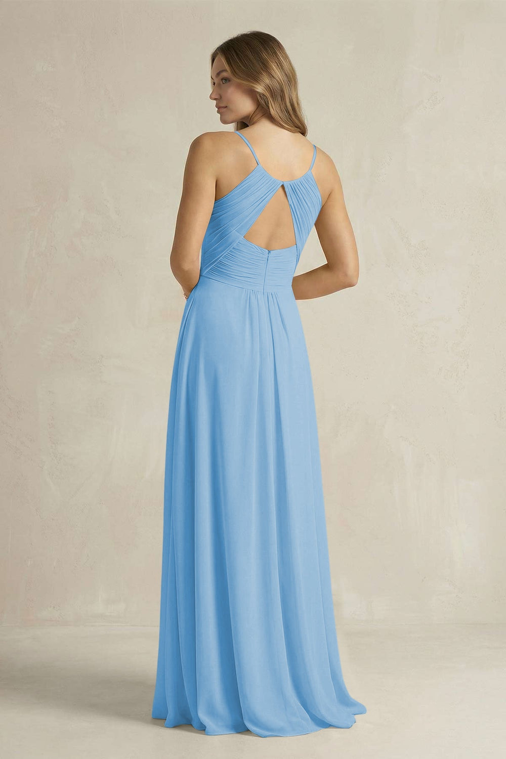 Cami Strap A - Line Chiffon Pleated Bridesmaid Dress in Steel Blue - KissProm Bridesmaid Dresses