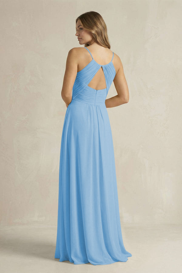 Cami Strap A - Line Chiffon Pleated Bridesmaid Dress in Steel Blue - KissProm Bridesmaid Dresses