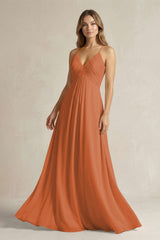 Cami Strap A - Line Chiffon Pleated Bridesmaid Dress in Terracotta - KissProm Bridesmaid Dresses