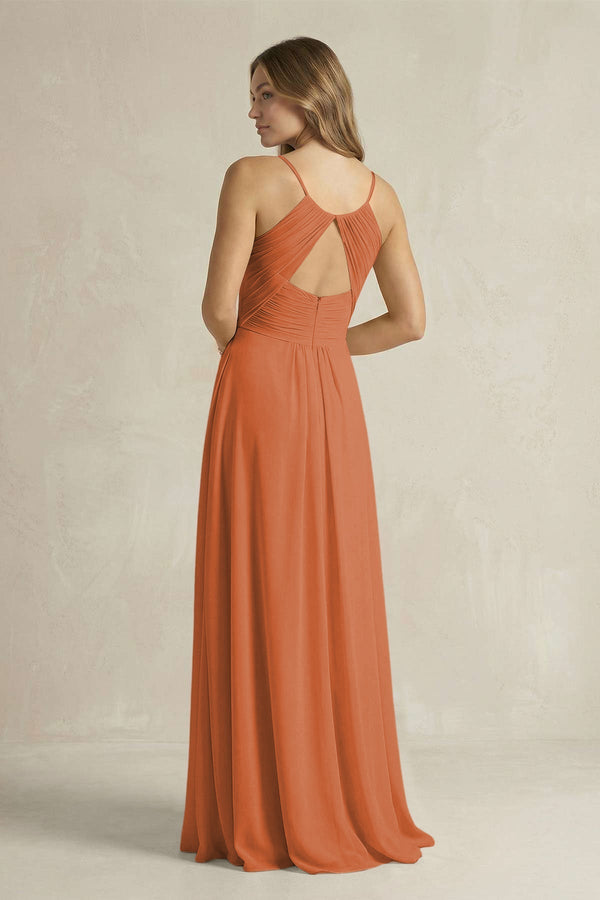 Cami Strap A - Line Chiffon Pleated Bridesmaid Dress in Terracotta - KissProm Bridesmaid Dresses