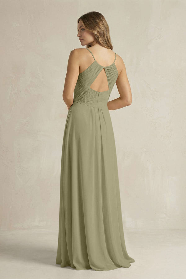 Cami Strap A - Line Chiffon Pleated Bridesmaid Dress in Thyme - KissProm Bridesmaid Dresses
