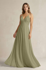 Cami Strap A - Line Chiffon Pleated Bridesmaid Dress in Thyme - KissProm Bridesmaid Dresses
