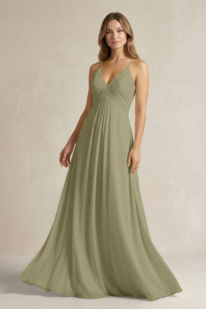 Cami Strap A - Line Chiffon Pleated Bridesmaid Dress in Thyme - KissProm Bridesmaid Dresses