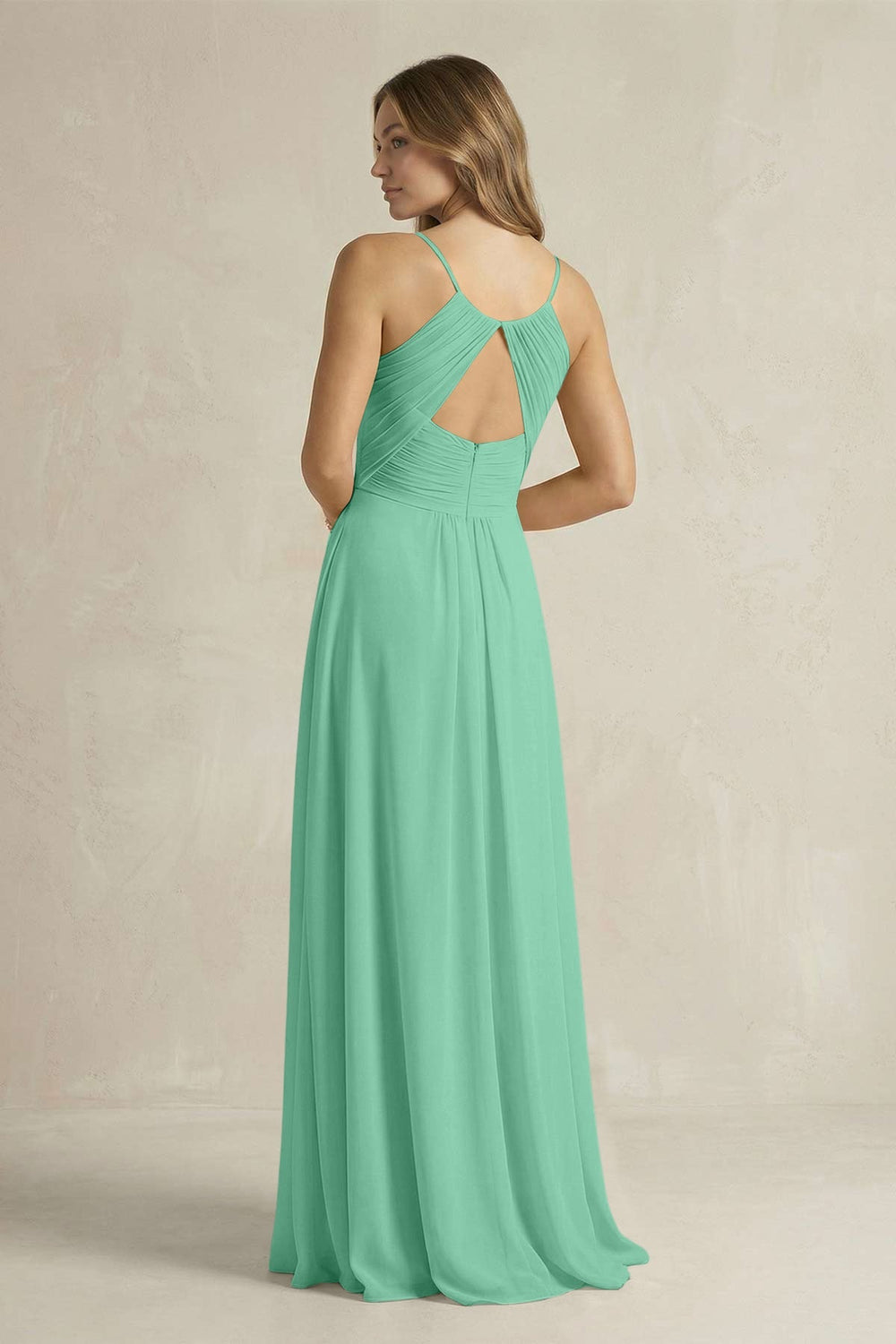Cami Strap A - Line Chiffon Pleated Bridesmaid Dress in Turquoise - KissProm Bridesmaid Dresses