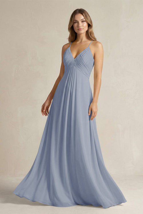 Cami Strap A - Line Chiffon Pleated Bridesmaid Dress in Twilight - KissProm Bridesmaid Dresses