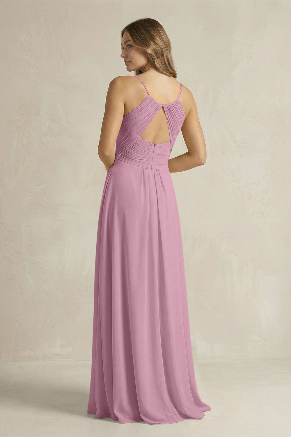 Cami Strap A - Line Chiffon Pleated Bridesmaid Dress in Vintage Mauve - KissProm Bridesmaid Dresses