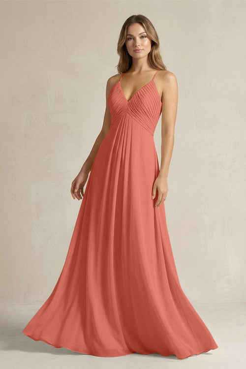 Cami Strap A - Line Chiffon Pleated Bridesmaid Dress in Wild Rose - KissProm Bridesmaid Dresses