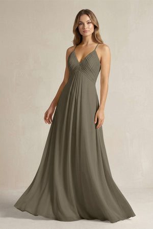 Cami Strap A - Line Chiffon Pleated Bridesmaid Dress in Willow Green - KissProm Bridesmaid Dresses