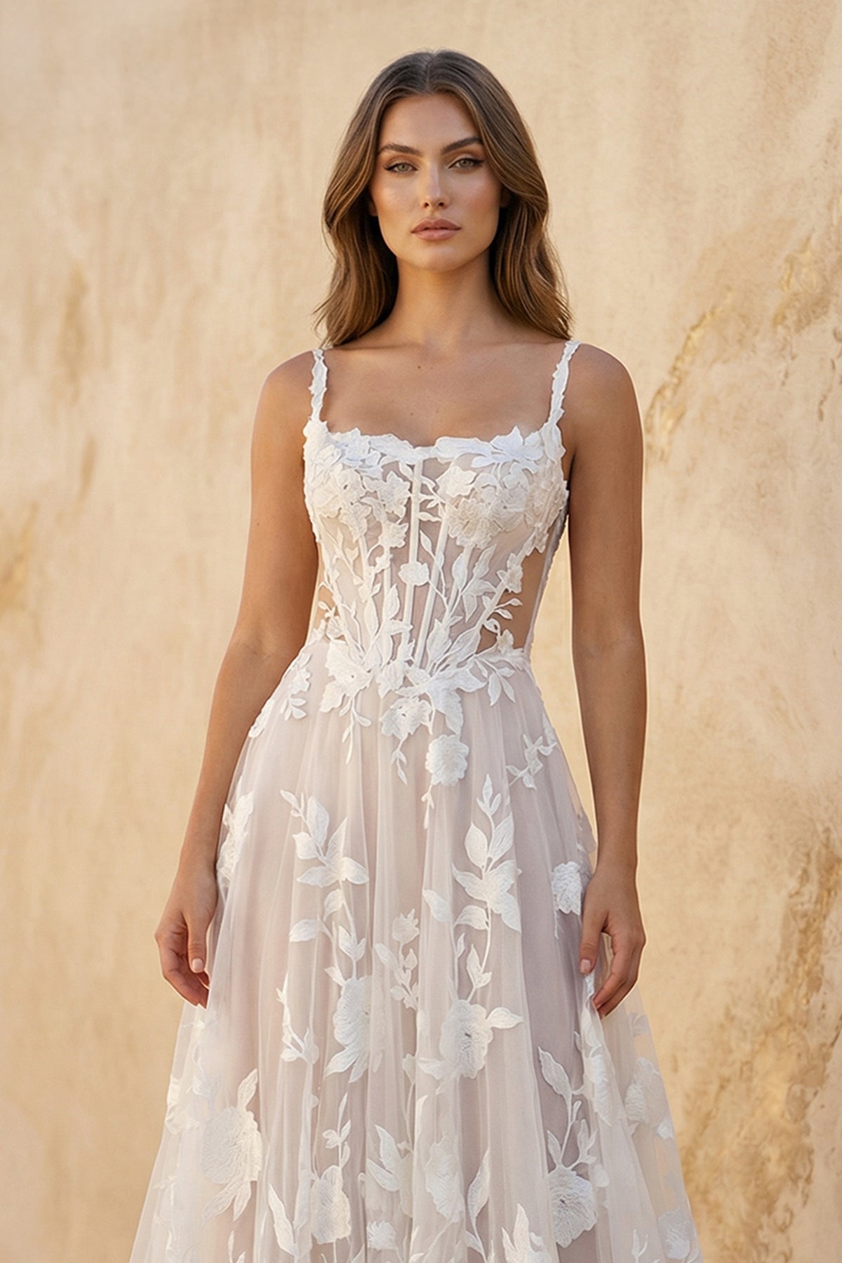 KissProm Cami Strap A-Line Corset Lace Wedding Dress in Ivory and Blush, Ivory / Custom Size( Free )