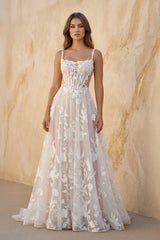 Cami Strap A - Line Corset Lace Wedding Dress in Ivory and Blush - KissProm Wedding Dresses