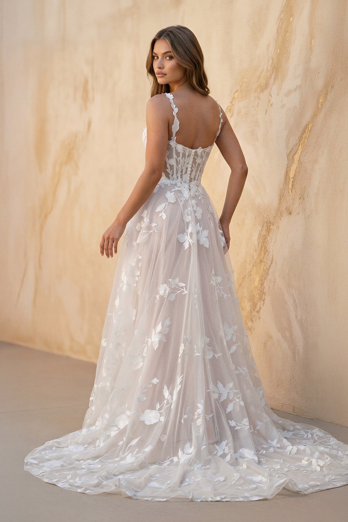 KissProm Cami Strap A-Line Corset Lace Wedding Dress in Ivory and Blush, Ivory / Custom Size( Free )