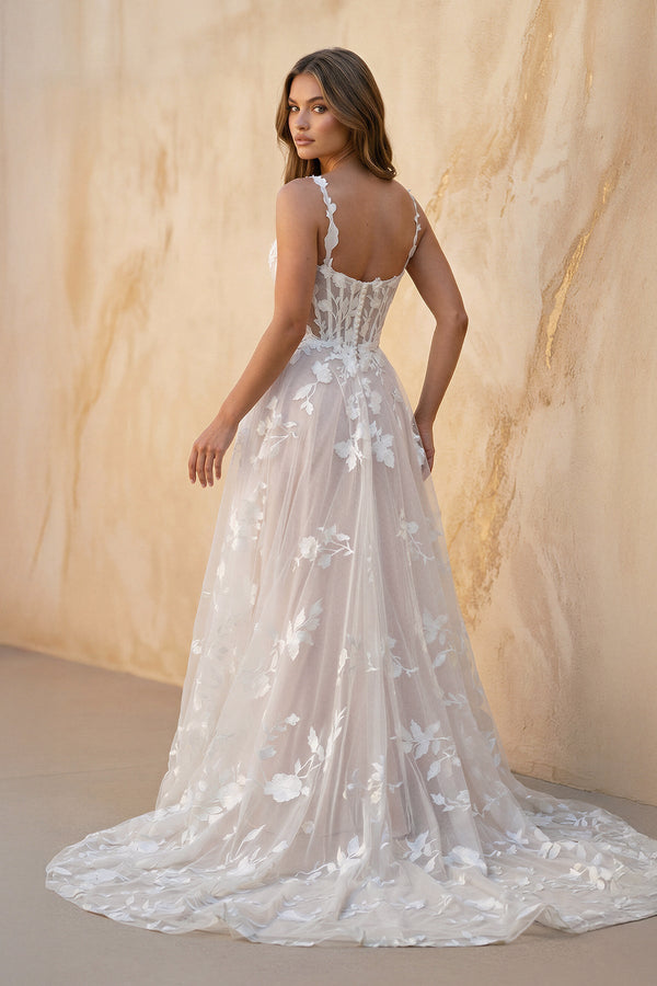 Cami Strap A - Line Corset Lace Wedding Dress in Ivory and Blush - KissProm Wedding Dresses