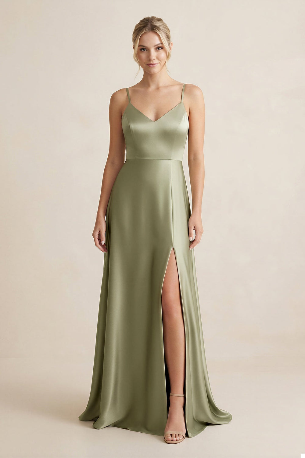 Cami Strap A - Line Shiny Satin Bridesmaid Dress - KissProm Bridesmaid Dresses