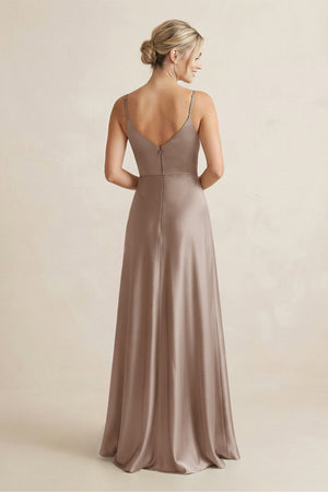 Cami Strap A - Line Shiny Satin Bridesmaid Dress in Almond - KissProm Bridesmaid Dresses