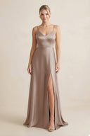Cami Strap A - Line Shiny Satin Bridesmaid Dress in Almond - KissProm Bridesmaid Dresses