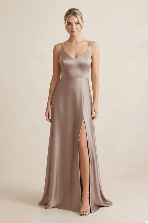 Cami Strap A - Line Shiny Satin Bridesmaid Dress in Almond - KissProm Bridesmaid Dresses