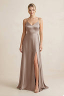 Cami Strap A - Line Shiny Satin Bridesmaid Dress in Almond - KissProm Bridesmaid Dresses