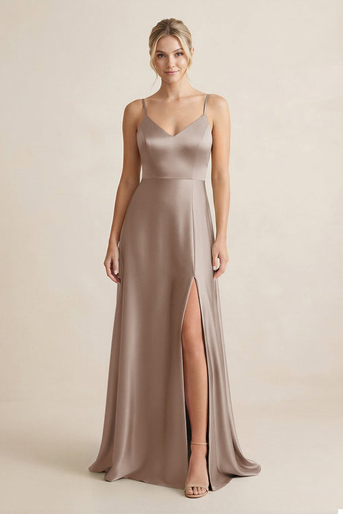 Cami Strap A - Line Shiny Satin Bridesmaid Dress in Almond - KissProm Bridesmaid Dresses