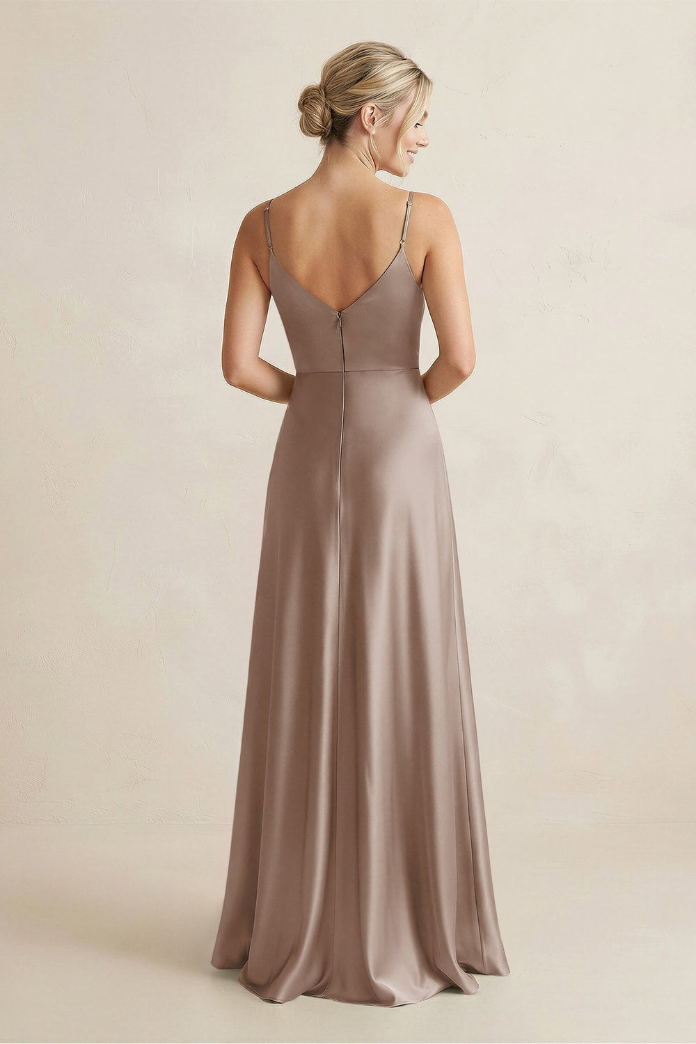 Cami Strap A - Line Shiny Satin Bridesmaid Dress in Almond - KissProm Bridesmaid Dresses