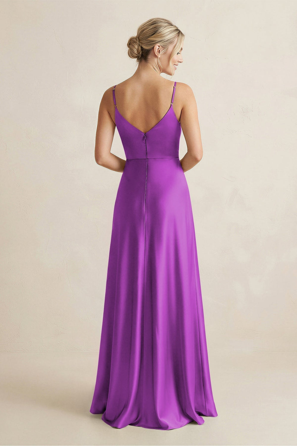 Cami Strap A - Line Shiny Satin Bridesmaid Dress in Amethyst - KissProm Bridesmaid Dresses