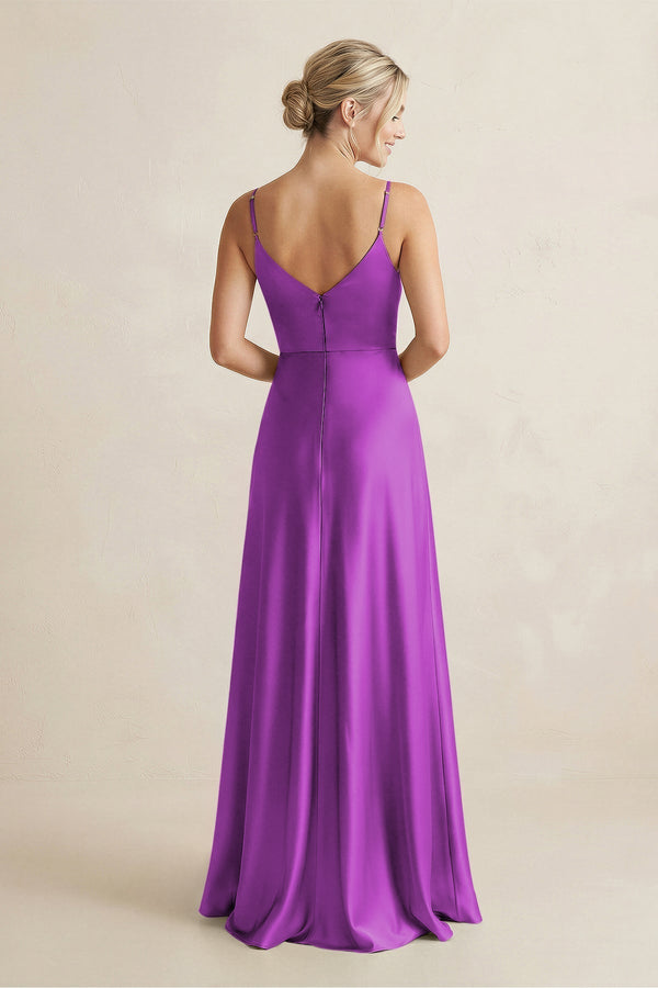 Cami Strap A - Line Shiny Satin Bridesmaid Dress in Amethyst - KissProm Bridesmaid Dresses