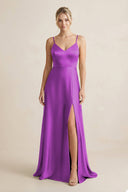 Cami Strap A - Line Shiny Satin Bridesmaid Dress in Amethyst - KissProm Bridesmaid Dresses