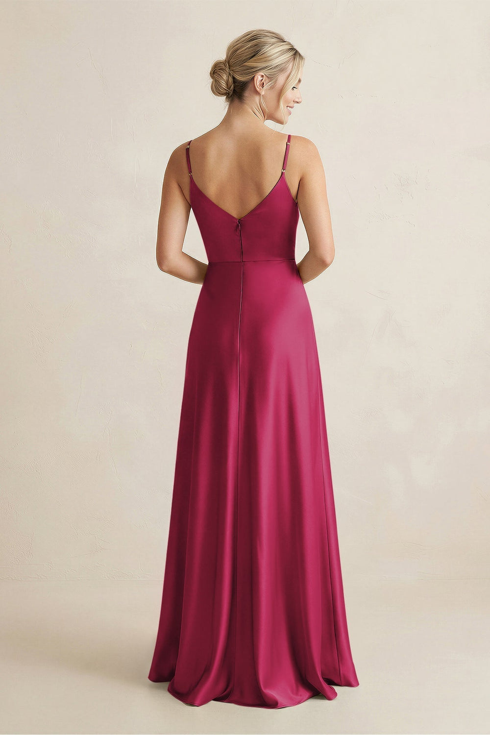 Cami Strap A - Line Shiny Satin Bridesmaid Dress in Berry - KissProm Bridesmaid Dresses