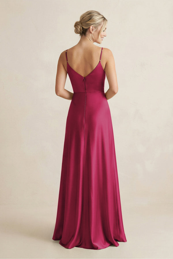 Cami Strap A - Line Shiny Satin Bridesmaid Dress in Berry - KissProm Bridesmaid Dresses