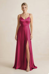 Cami Strap A - Line Shiny Satin Bridesmaid Dress in Berry - KissProm Bridesmaid Dresses