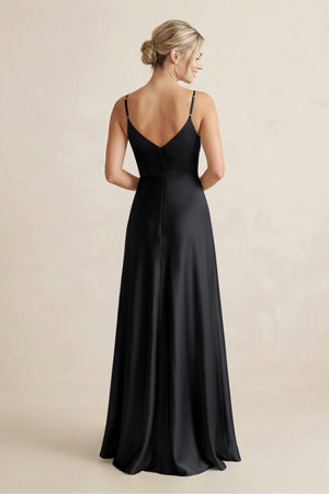 Cami Strap A - Line Shiny Satin Bridesmaid Dress in Black - KissProm Bridesmaid Dresses