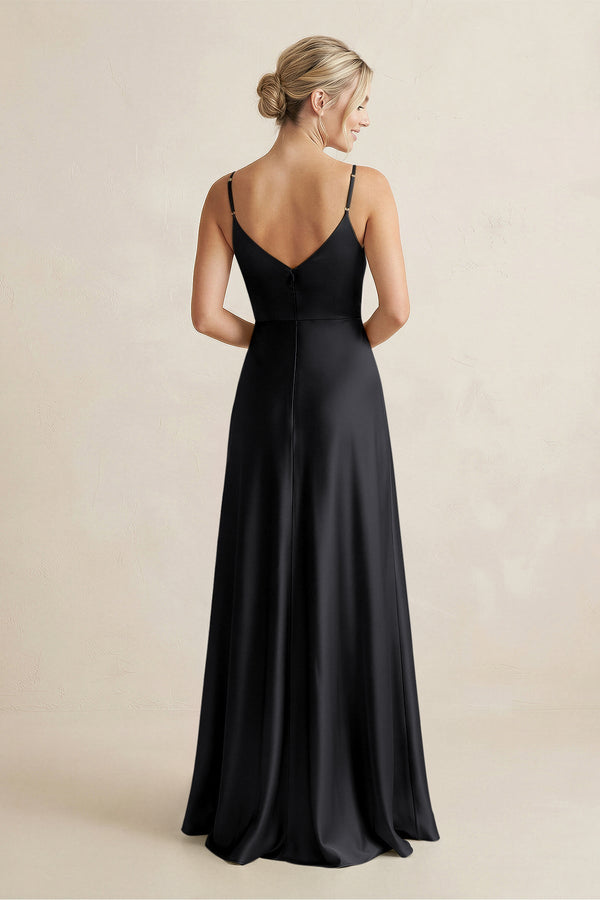 Cami Strap A - Line Shiny Satin Bridesmaid Dress in Black - KissProm Bridesmaid Dresses