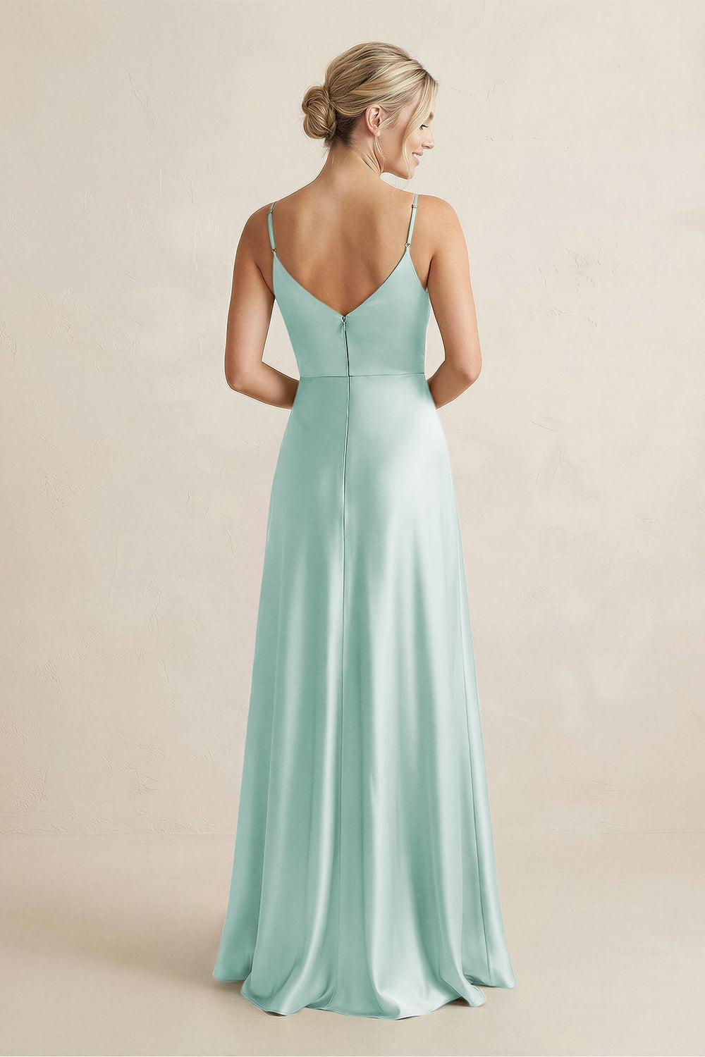Cami Strap A - Line Shiny Satin Bridesmaid Dress in Bleached Aqua - KissProm Bridesmaid Dresses