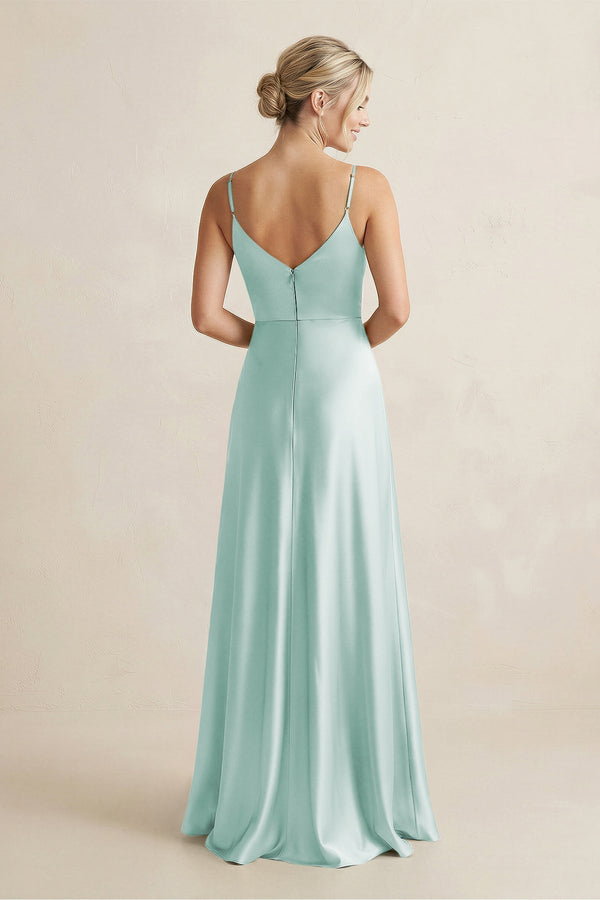 Cami Strap A - Line Shiny Satin Bridesmaid Dress in Bleached Aqua - KissProm Bridesmaid Dresses