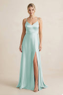 Cami Strap A - Line Shiny Satin Bridesmaid Dress in Bleached Aqua - KissProm Bridesmaid Dresses