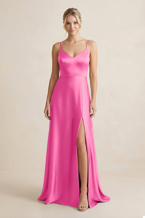 Cami Strap A - Line Shiny Satin Bridesmaid Dress in Bon Bon pink - KissProm Bridesmaid Dresses