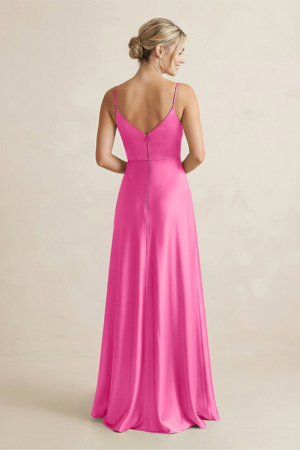 Cami Strap A - Line Shiny Satin Bridesmaid Dress in Bon Bon pink - KissProm Bridesmaid Dresses