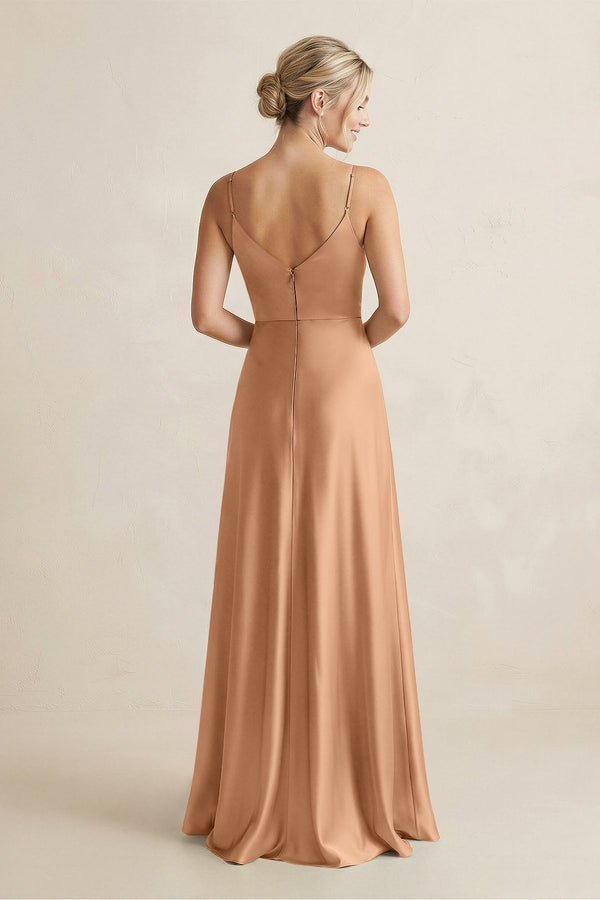 Cami Strap A - Line Shiny Satin Bridesmaid Dress in Bronzer - KissProm Bridesmaid Dresses