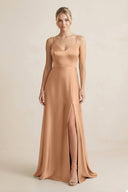 Cami Strap A - Line Shiny Satin Bridesmaid Dress in Bronzer - KissProm Bridesmaid Dresses