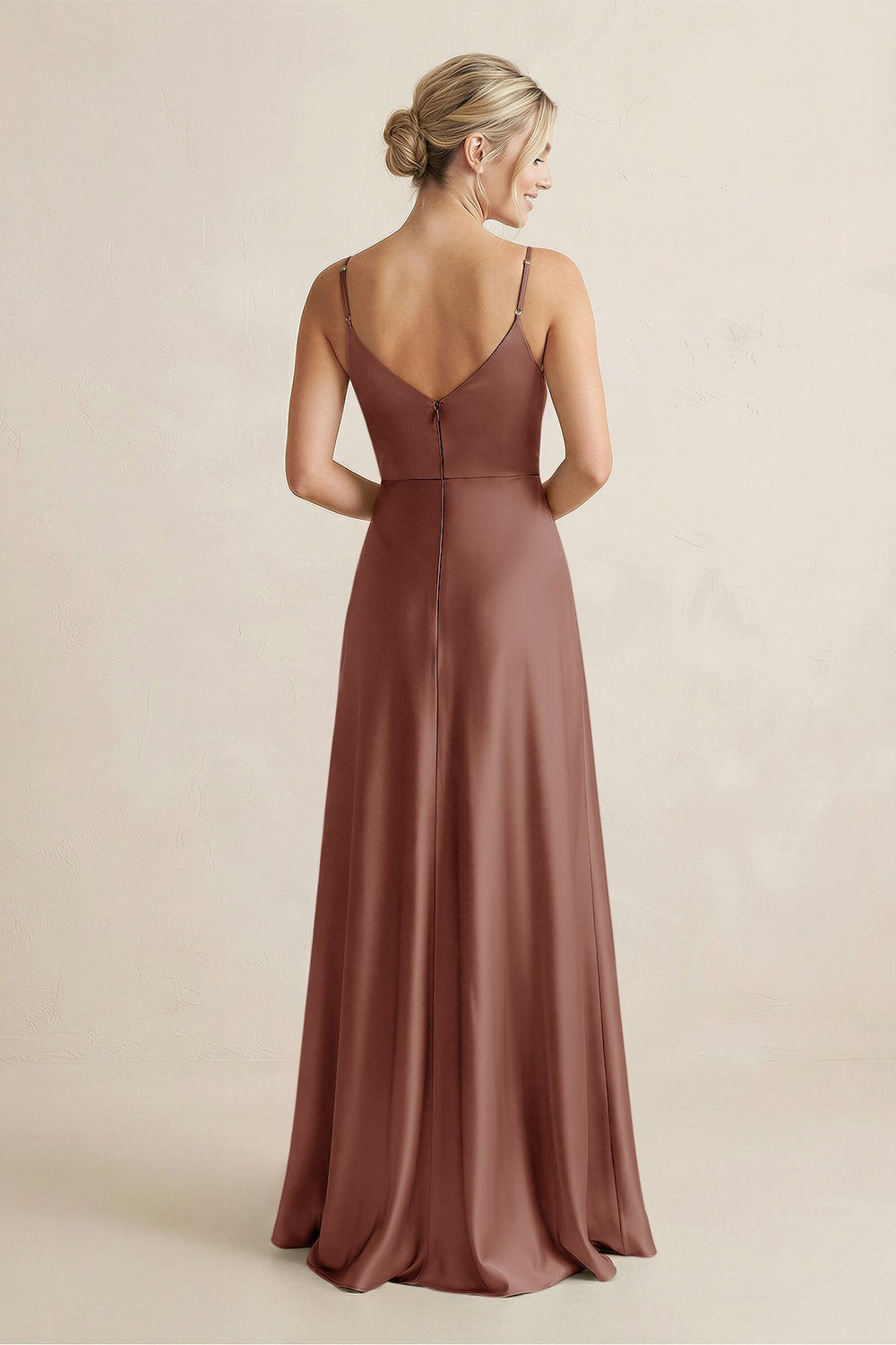 Cami Strap A - Line Shiny Satin Bridesmaid Dress in Brown - KissProm Bridesmaid Dresses
