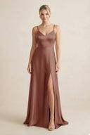 Cami Strap A - Line Shiny Satin Bridesmaid Dress in Brown - KissProm Bridesmaid Dresses