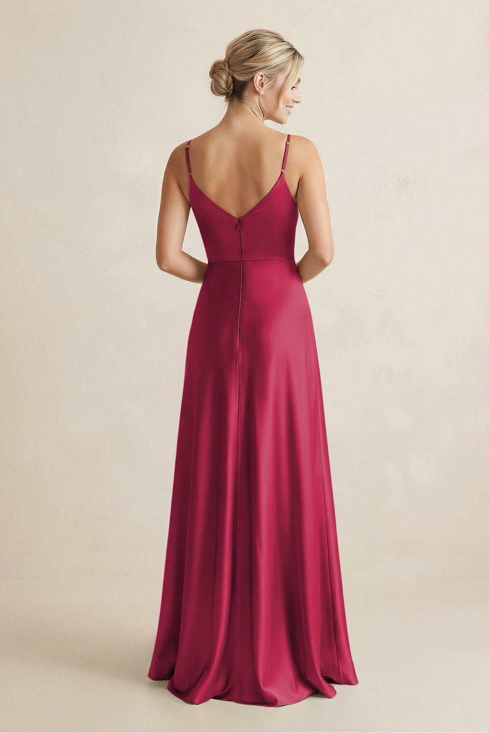 Cami Strap A - Line Shiny Satin Bridesmaid Dress in Burgundy - KissProm Bridesmaid Dresses