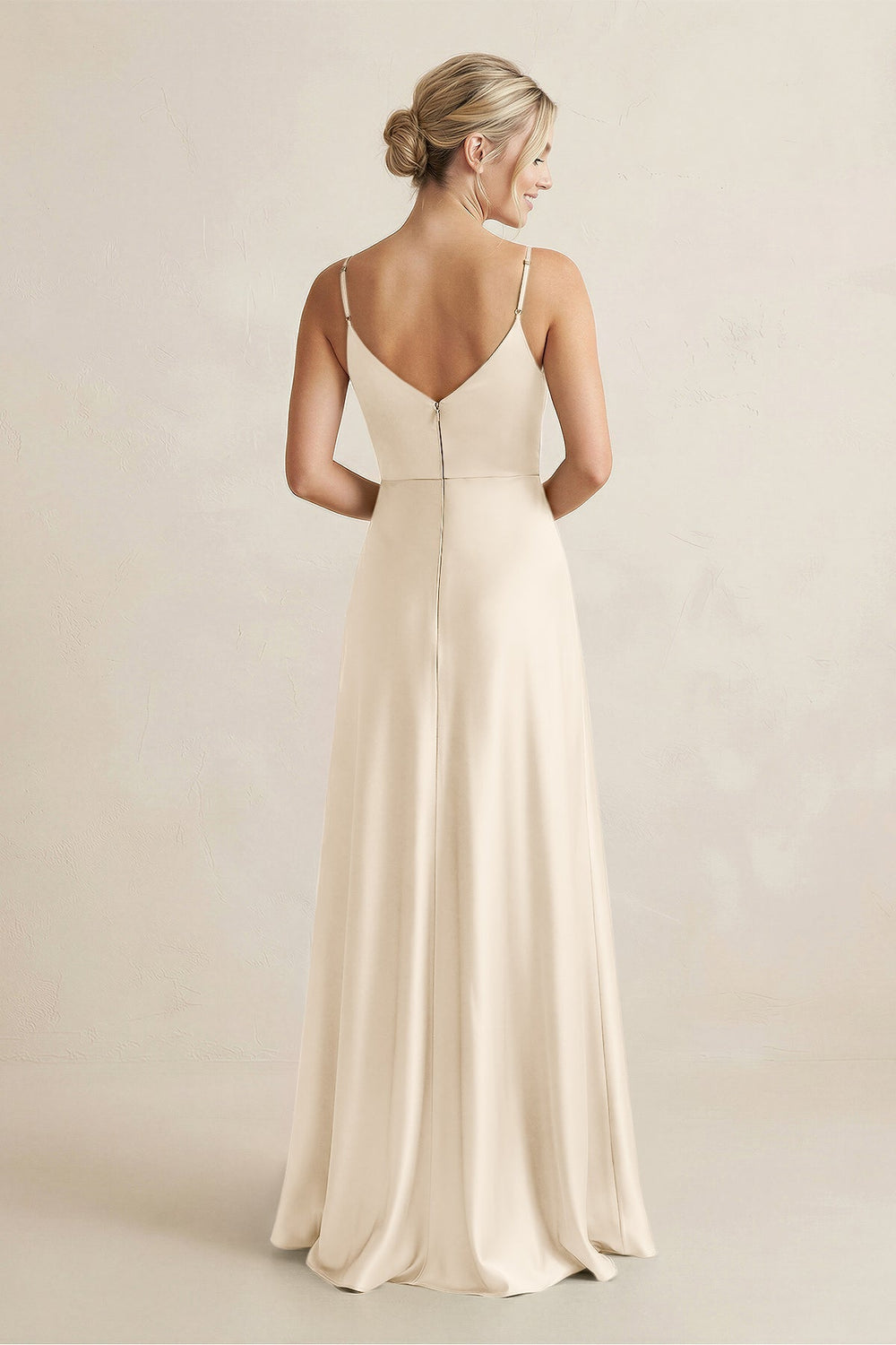 Cami Strap A - Line Shiny Satin Bridesmaid Dress in Buttercream - KissProm Bridesmaid Dresses