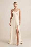 Cami Strap A - Line Shiny Satin Bridesmaid Dress in Buttercream - KissProm Bridesmaid Dresses