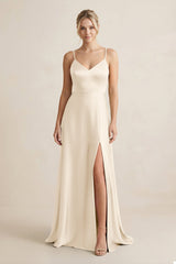 Cami Strap A - Line Shiny Satin Bridesmaid Dress in Buttercream - KissProm Bridesmaid Dresses