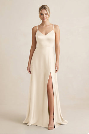 Cami Strap A - Line Shiny Satin Bridesmaid Dress in Buttercream - KissProm Bridesmaid Dresses