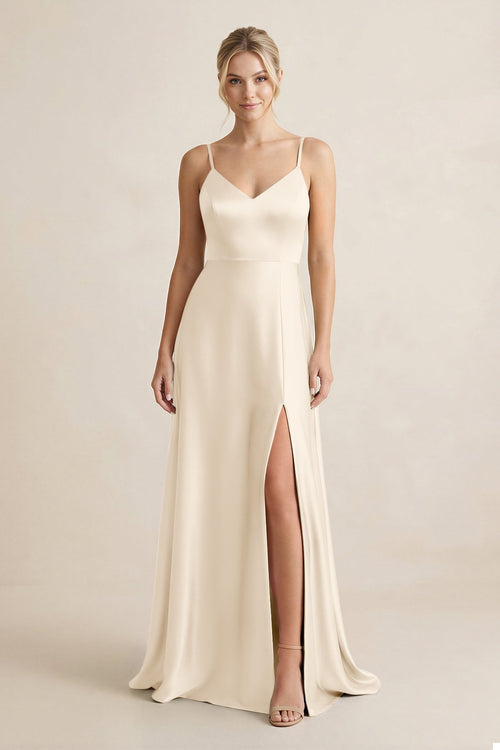 Cami Strap A - Line Shiny Satin Bridesmaid Dress in Buttercream - KissProm Bridesmaid Dresses