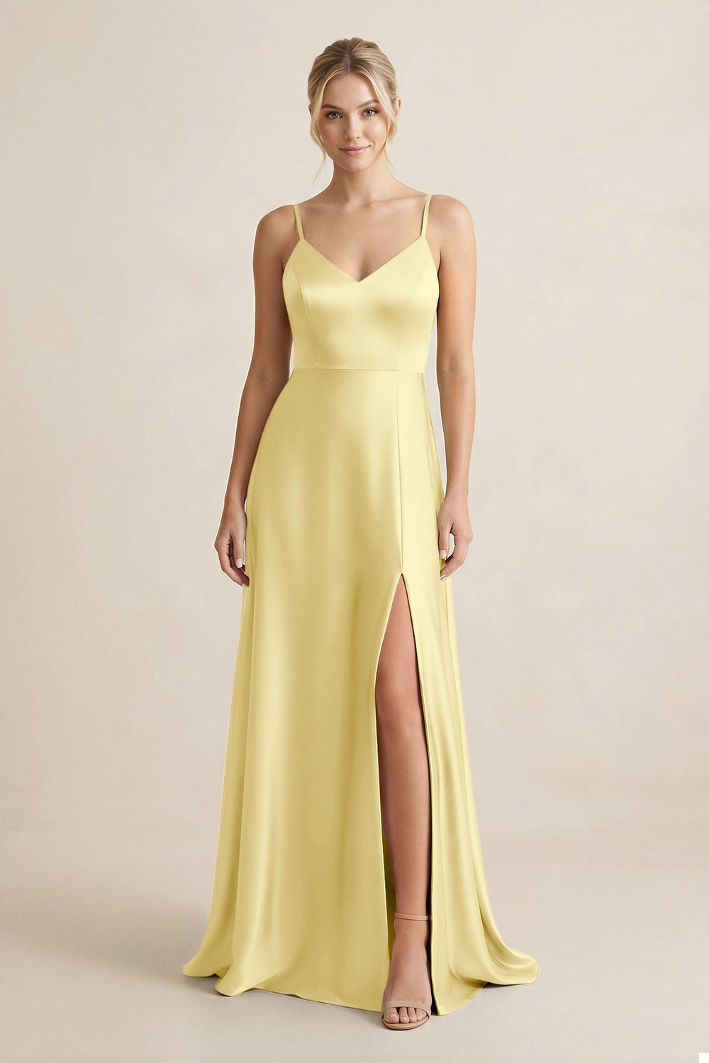 Cami Strap A - Line Shiny Satin Bridesmaid Dress in Buttercup - KissProm Bridesmaid Dresses