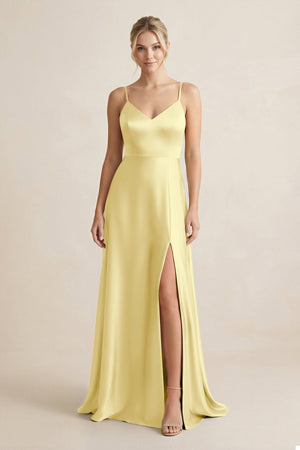 Cami Strap A - Line Shiny Satin Bridesmaid Dress in Buttercup - KissProm Bridesmaid Dresses