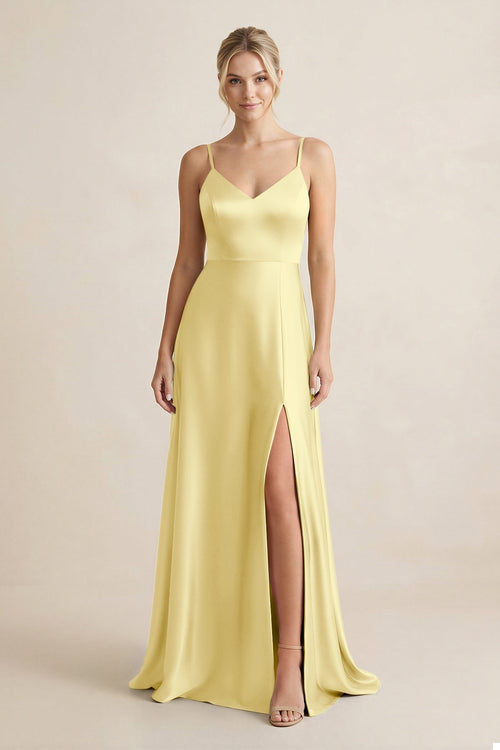 Cami Strap A - Line Shiny Satin Bridesmaid Dress in Buttercup - KissProm Bridesmaid Dresses
